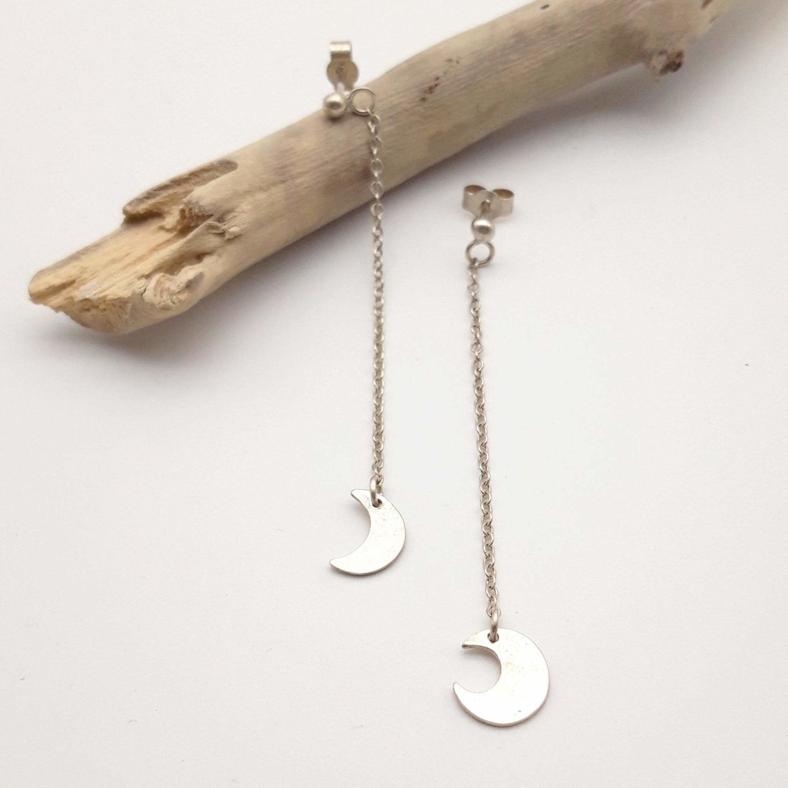 Boucles D'oreilles Pendantes Demi-lune Avec Chaînette - Argent Massif 925 Rhodié, Neuf Avec étiquettes Bijouxia
